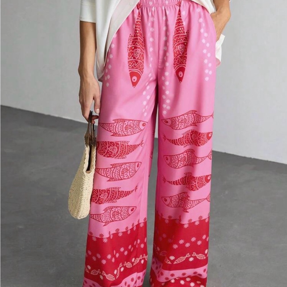 Tall Length Pink and Red Fish Print Women's Pants